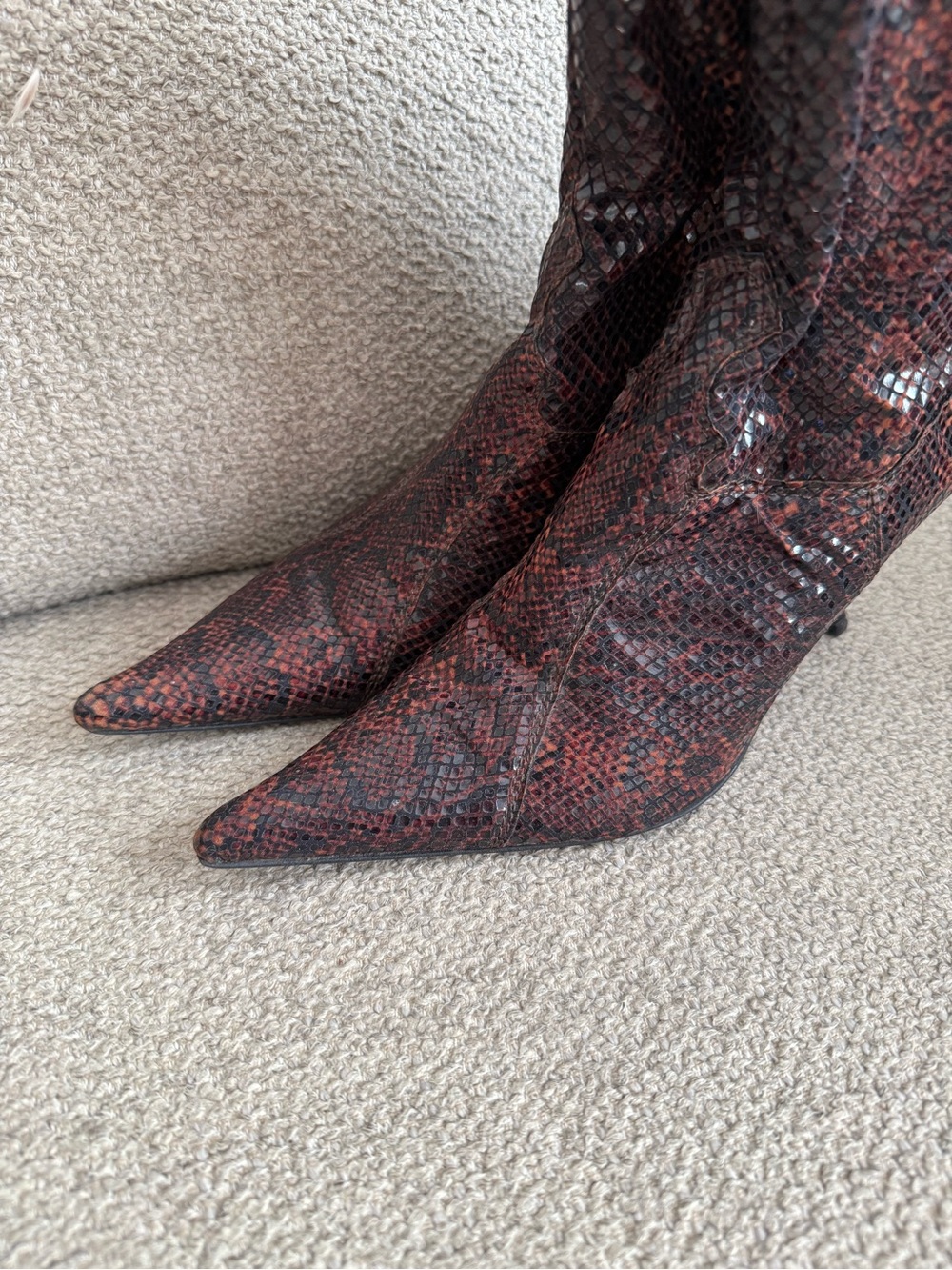 Y2K Pointed Toe Brown Snake-Print Mid-Calf Heeled Boots - Picture 2 of 5